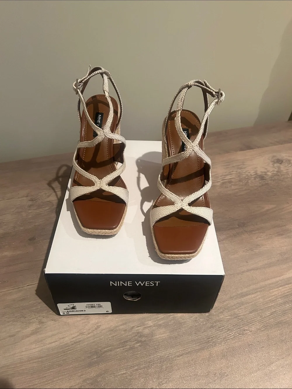 Nine West Cream Strappy Square-Toe Wedge Sandals